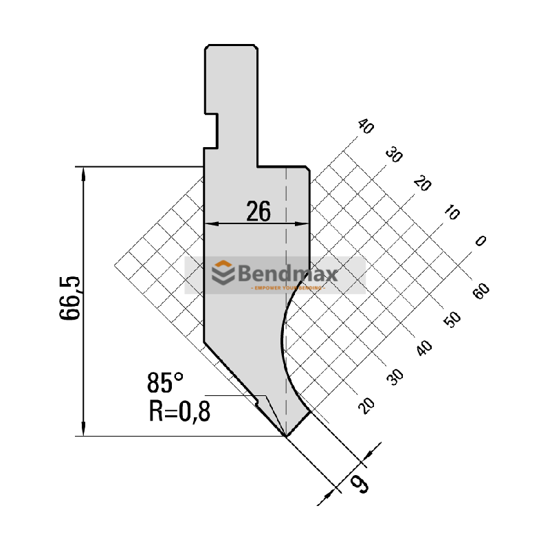 Close up of R0.8mm radius punch tip for accurate sheet metal forming